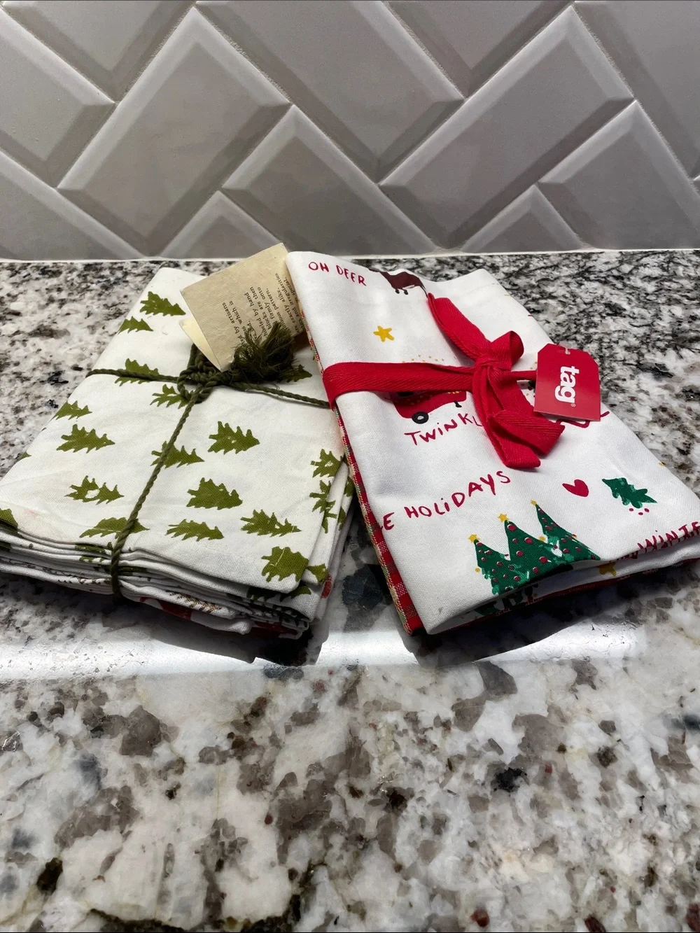 Tag Holiday Kitchen Towels - White with Green & Red Tree Prints new x2